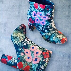 Attention Milan Blue Floral Embroidered Ankle Boots Block Heel Booties Women 9